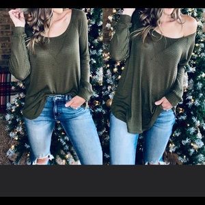 Lightweight olive waffle knit top